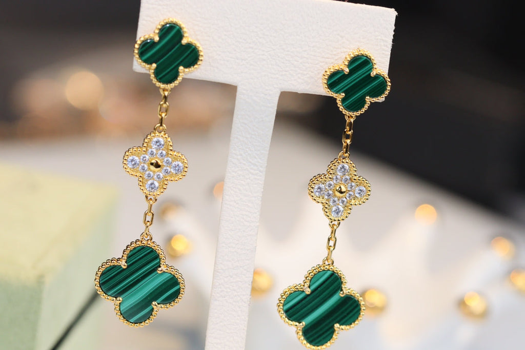 Aura CLOVER OHRRINGE GOLD MALACHIT DIAMANT 3 MOTIVE