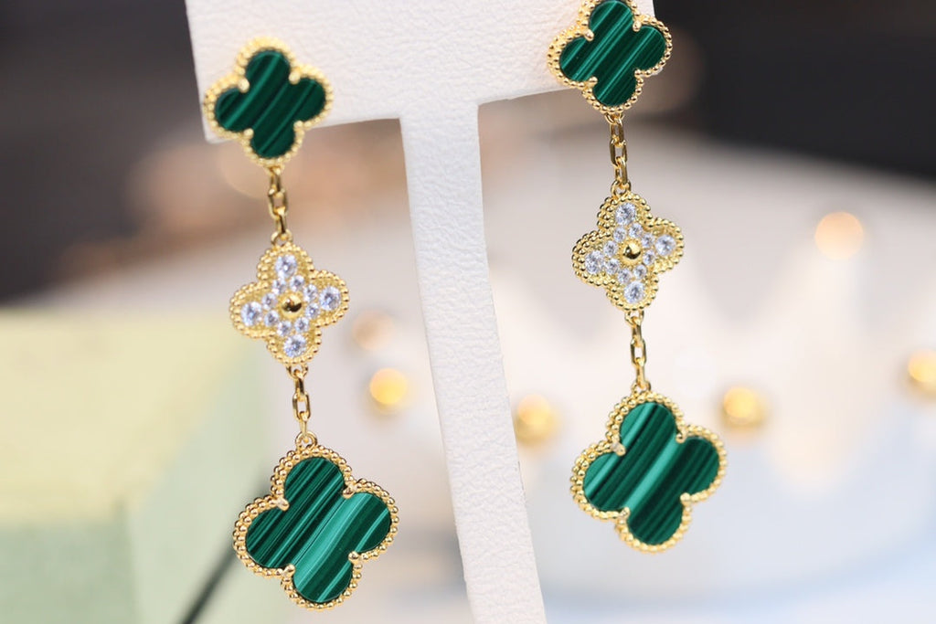 Aura CLOVER OHRRINGE GOLD MALACHIT DIAMANT 3 MOTIVE