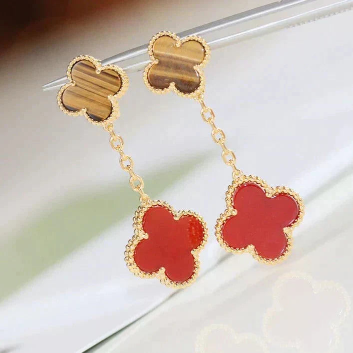 Aura CLOVER  2 MOTIF  TIGER EYE CARNELIAN EARRINGS