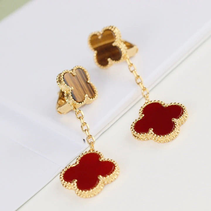 Aura CLOVER  2 MOTIF  TIGER EYE CARNELIAN EARRINGS