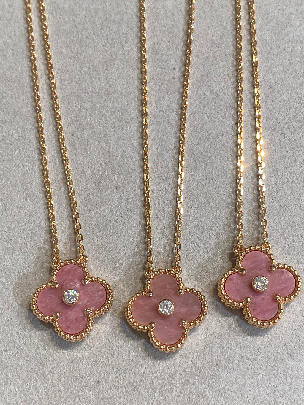 Aura CLOVER 15MM DIAMOND RHODONITE NECKLACE
