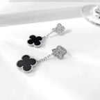 Aura CLOVER 2 MOTIFS  DIAMOND ONYX EARRINGS SILVER