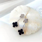 Aura CLOVER 2 MOTIFS  DIAMOND ONYX EARRINGS SILVER