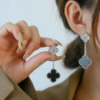 Aura CLOVER 2 MOTIFS  DIAMOND ONYX EARRINGS SILVER