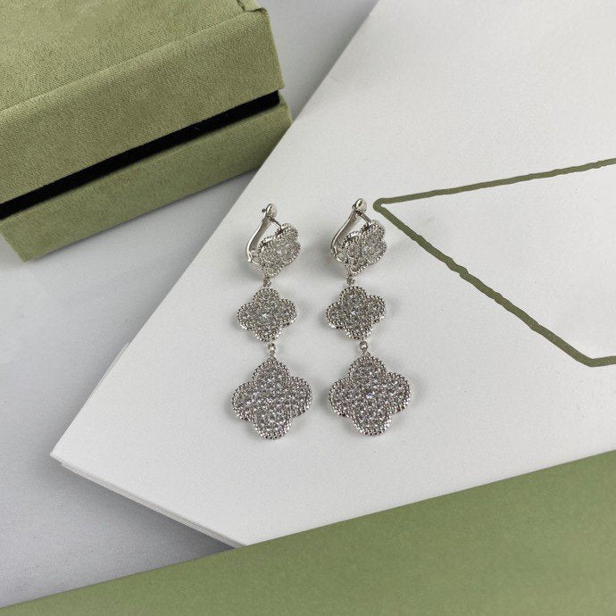 Aura CLOVER 3 MOTIF DIAMOND SILVER DROP EARRINGS