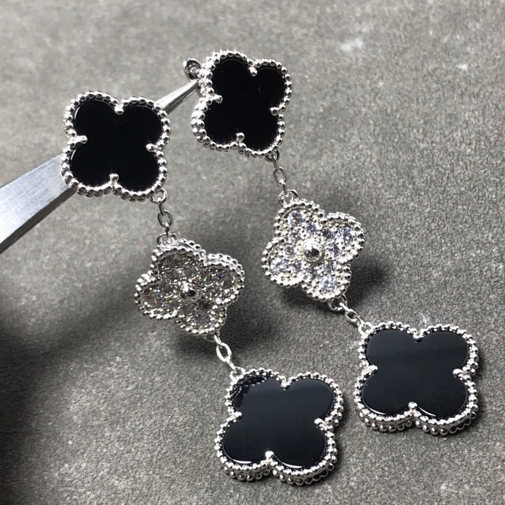 Aura CLOVER 3 MOTIF DIAMOND ONYX SILBER OHRRINGE