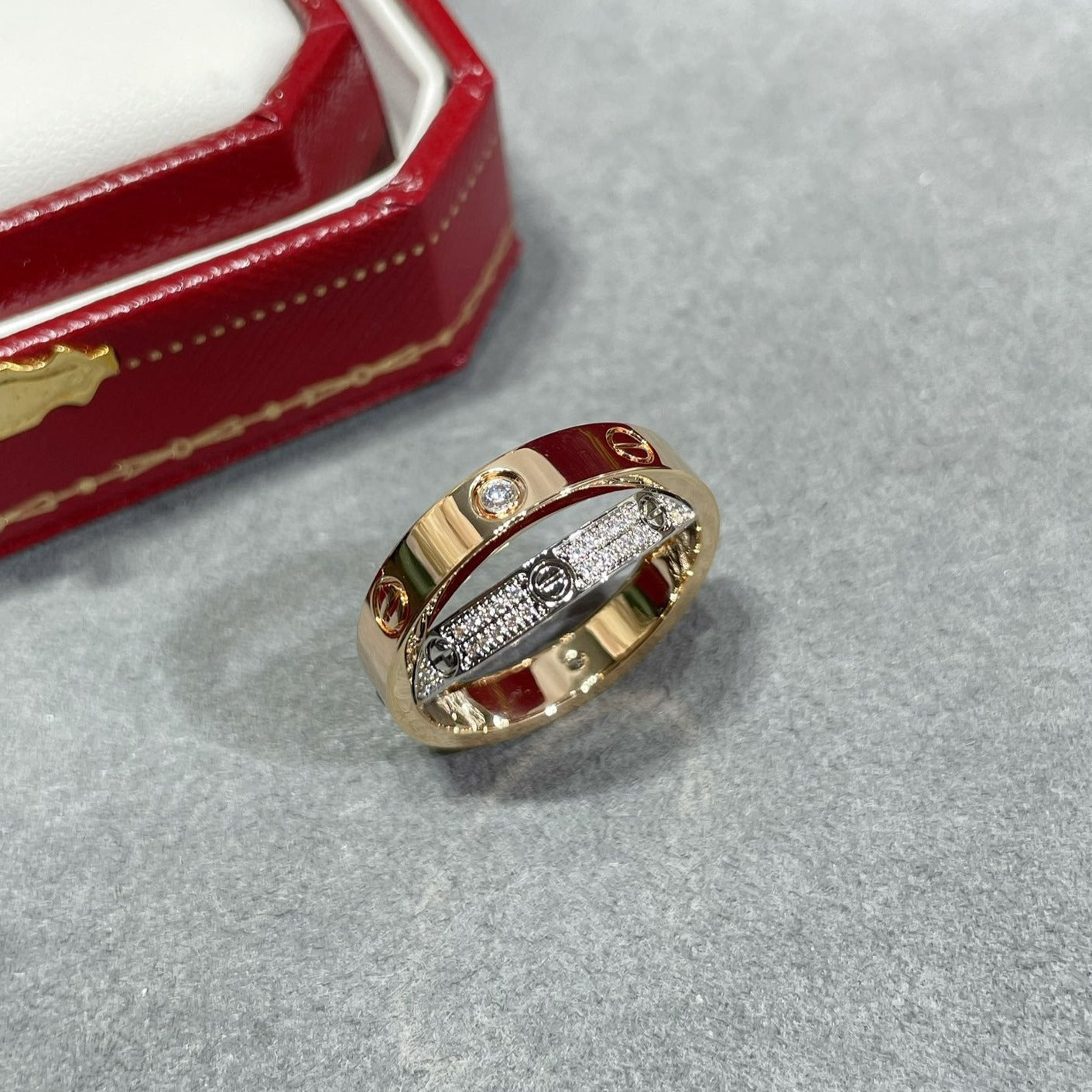 Aura LOVE PINK GOLD SILVER DIAMOND DOUBLE RING