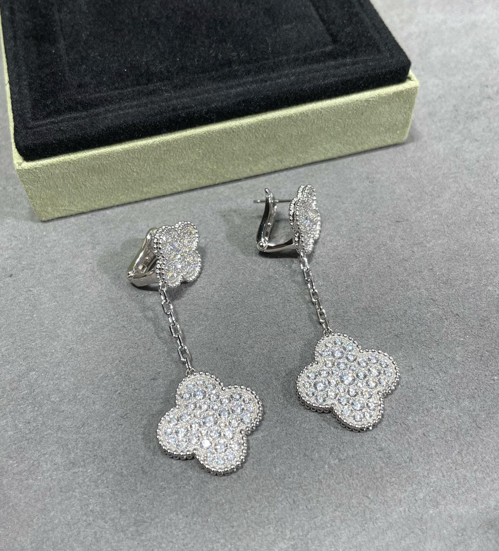 Aura CLOVER 2 MOTIFS DIAMOND PAVED SILVER EARRINGS