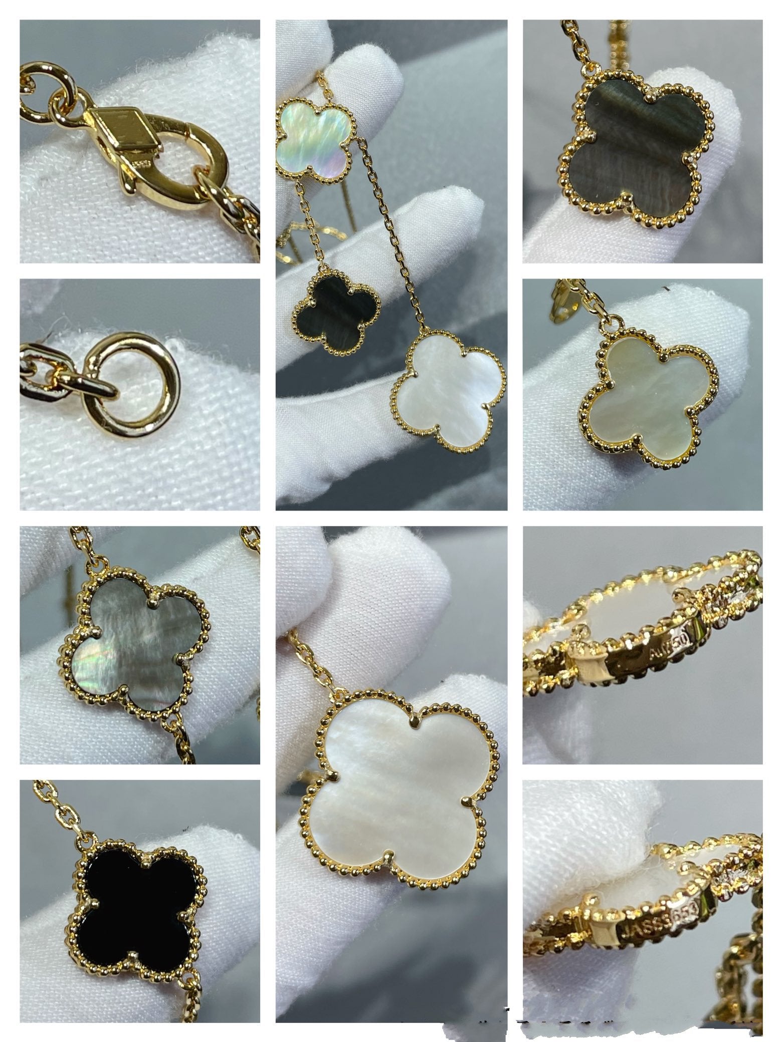 Aura CLOVER 6 MOTIF MOP ONYX GOLD NECKLACE