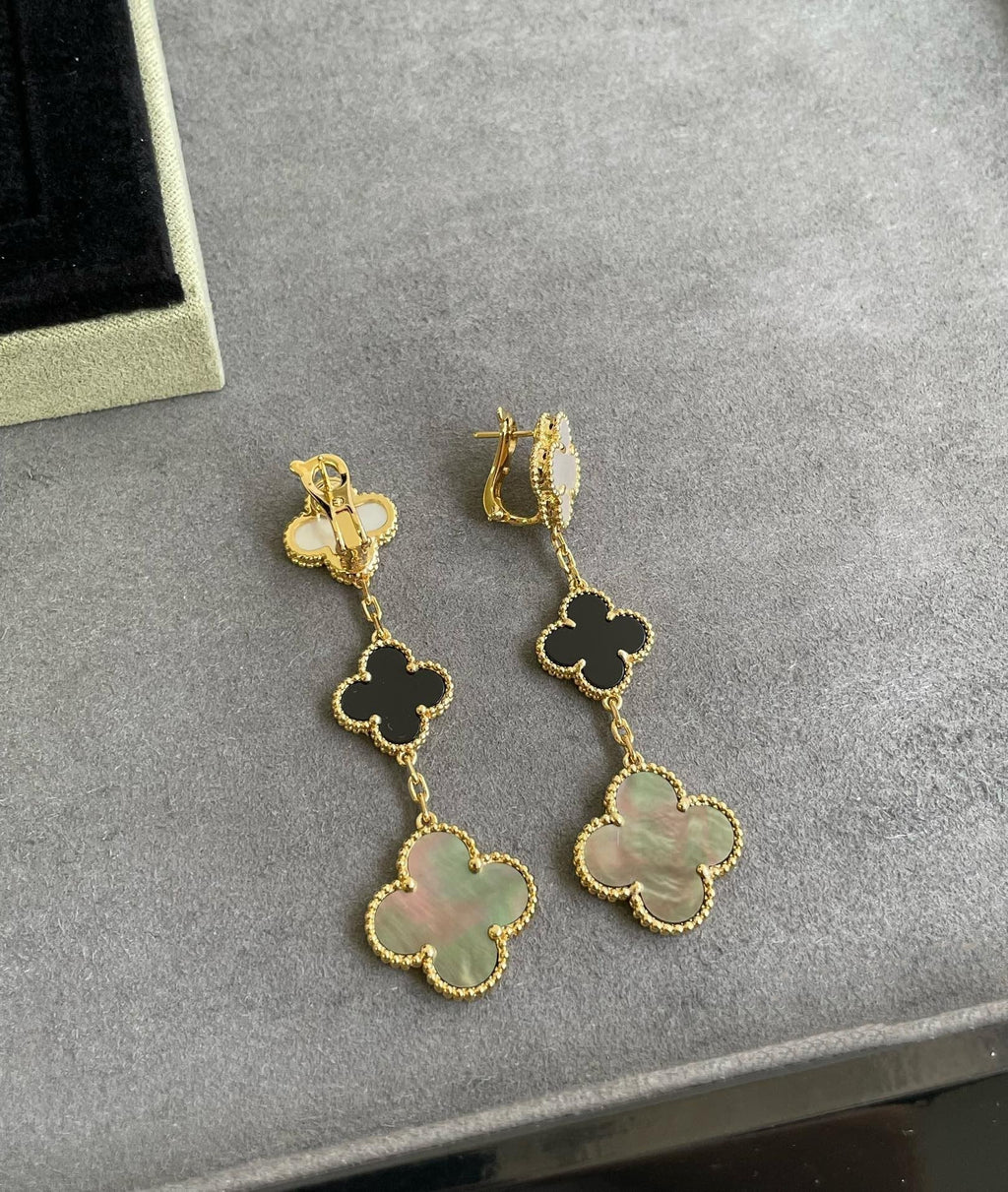 Aura CLOVER 3 MOTIF MOP ONYX DARK MOP PINK GOLD EARRINGS