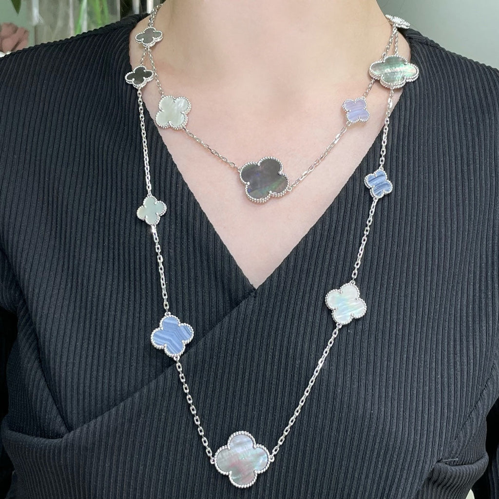 Aura CLOVER 16 MOTIF CHALCEDONY MOP SILVER NECKLACE