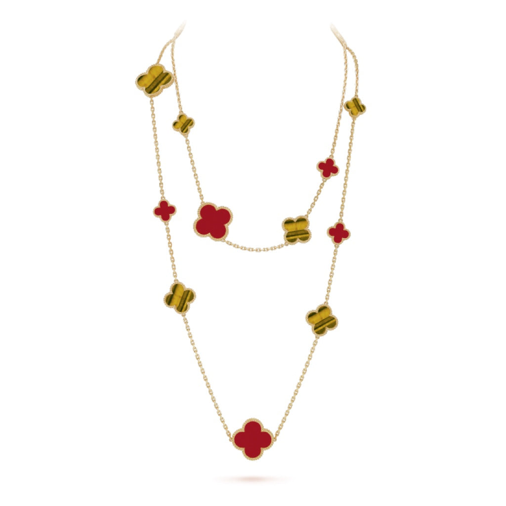 Aura CLOVER 16 MOTIF CARNELIAN TIGER EYE ROSE GOLD NECKLACE