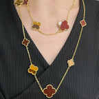 Aura CLOVER 16 MOTIF CARNELIAN TIGER EYE ROSE GOLD NECKLACE