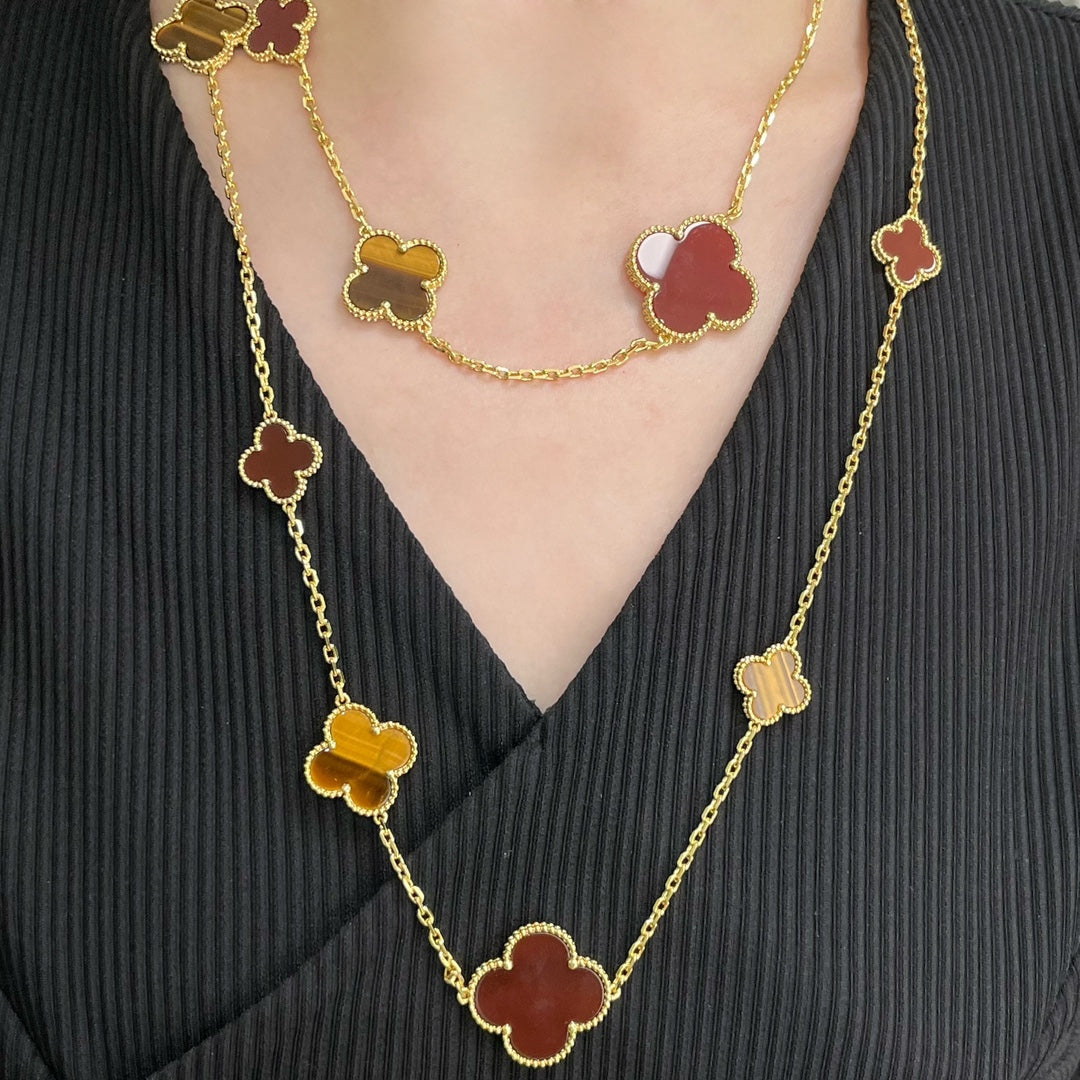 Aura CLOVER 16 MOTIF CARNELIAN TIGER EYE ROSE GOLD NECKLACE