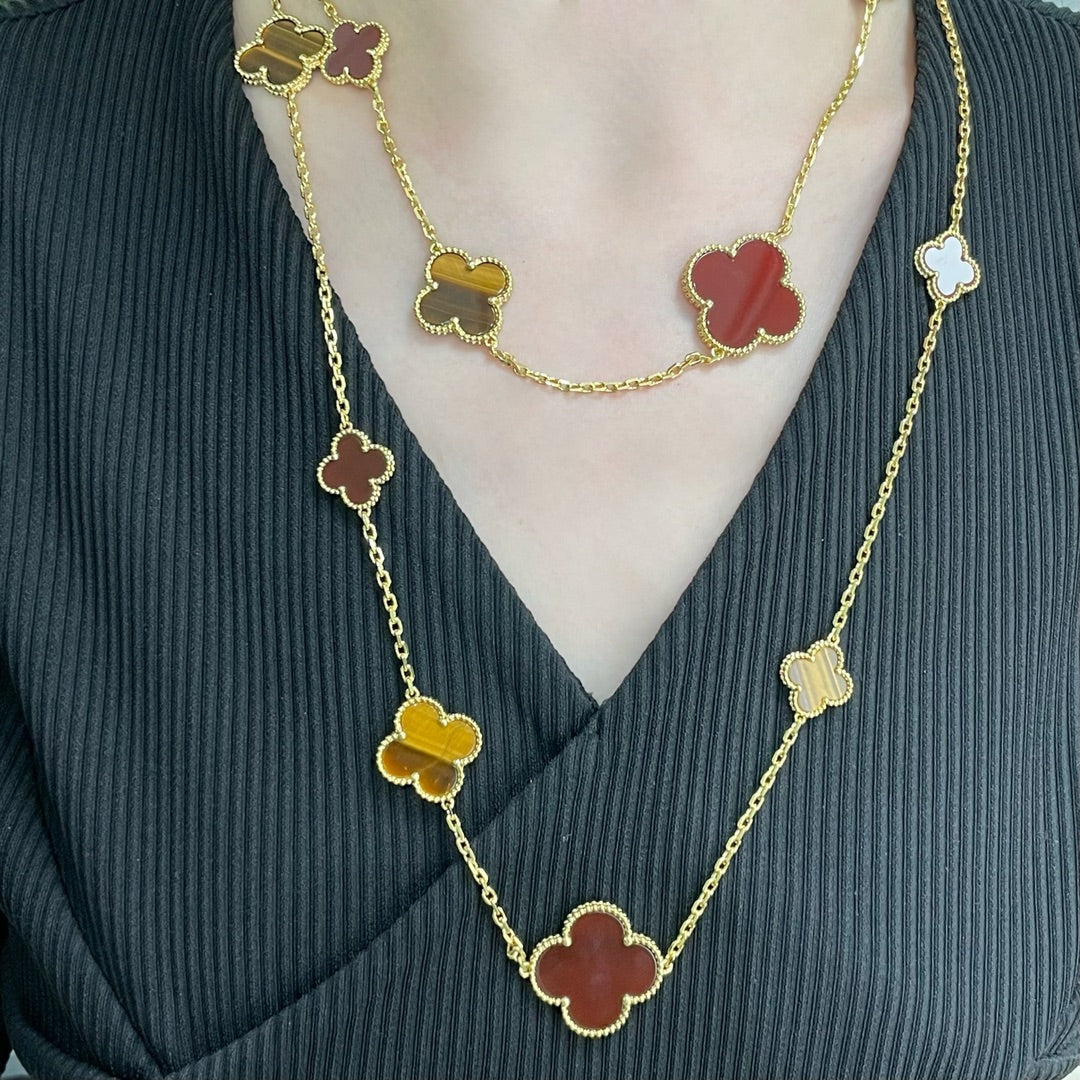 Aura CLOVER 16 MOTIF CARNELIAN TIGER EYE ROSE GOLD NECKLACE