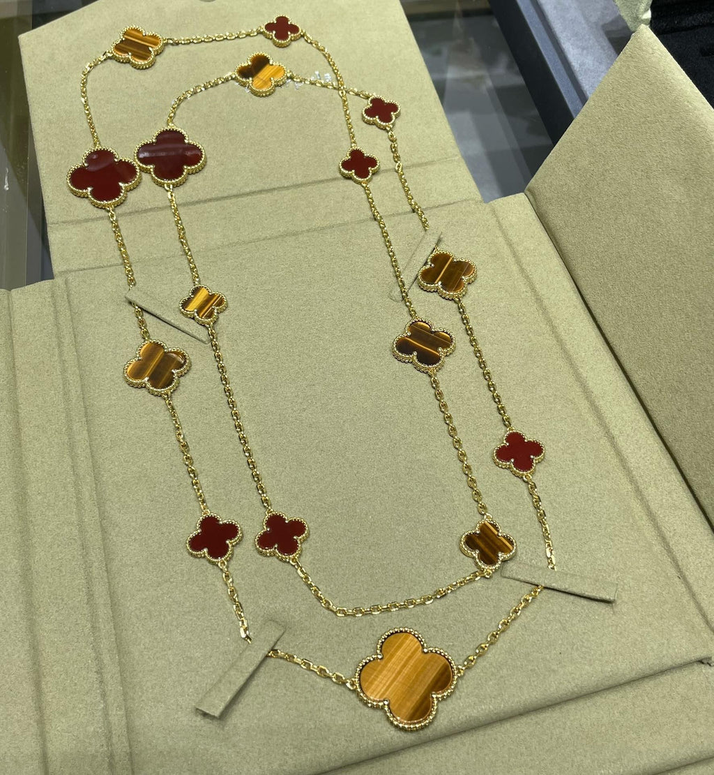 Aura CLOVER 16 MOTIF CARNELIAN TIGER EYE ROSE GOLD NECKLACE