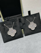 Aura CLOVER 25MM LARGE PENDANT DIAMOND PAVED SILVER NECKLACE