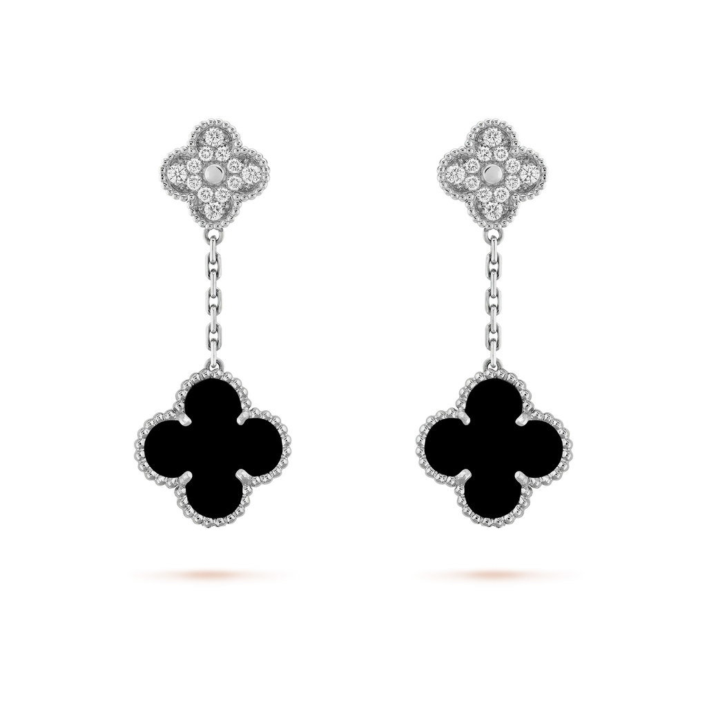 Aura CLOVER 2 MOTIFS  DIAMOND ONYX EARRINGS SILVER