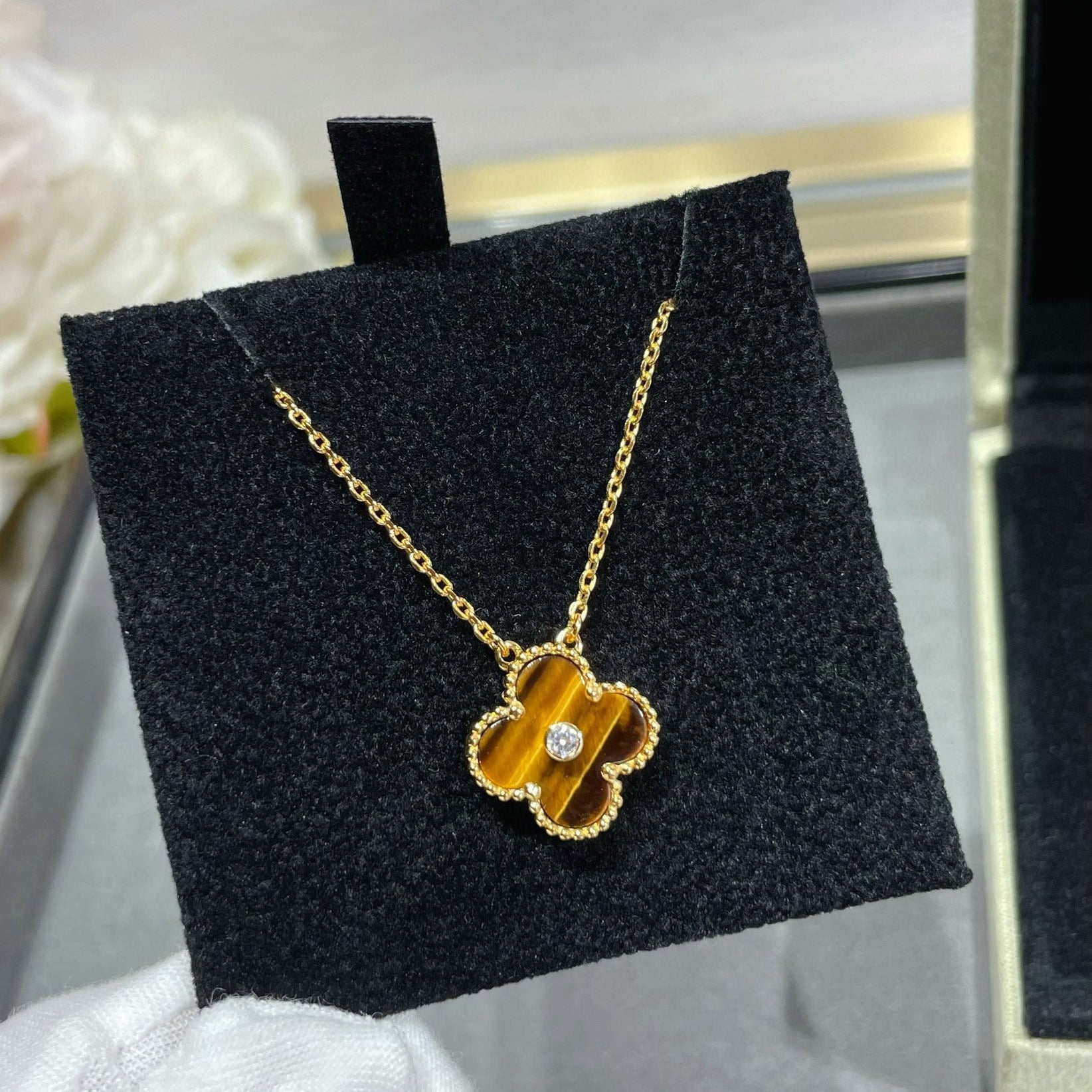 Aura CLOVER 15MM DIAMOND AND YELLOW TIGER'S EYE AGATE necklace