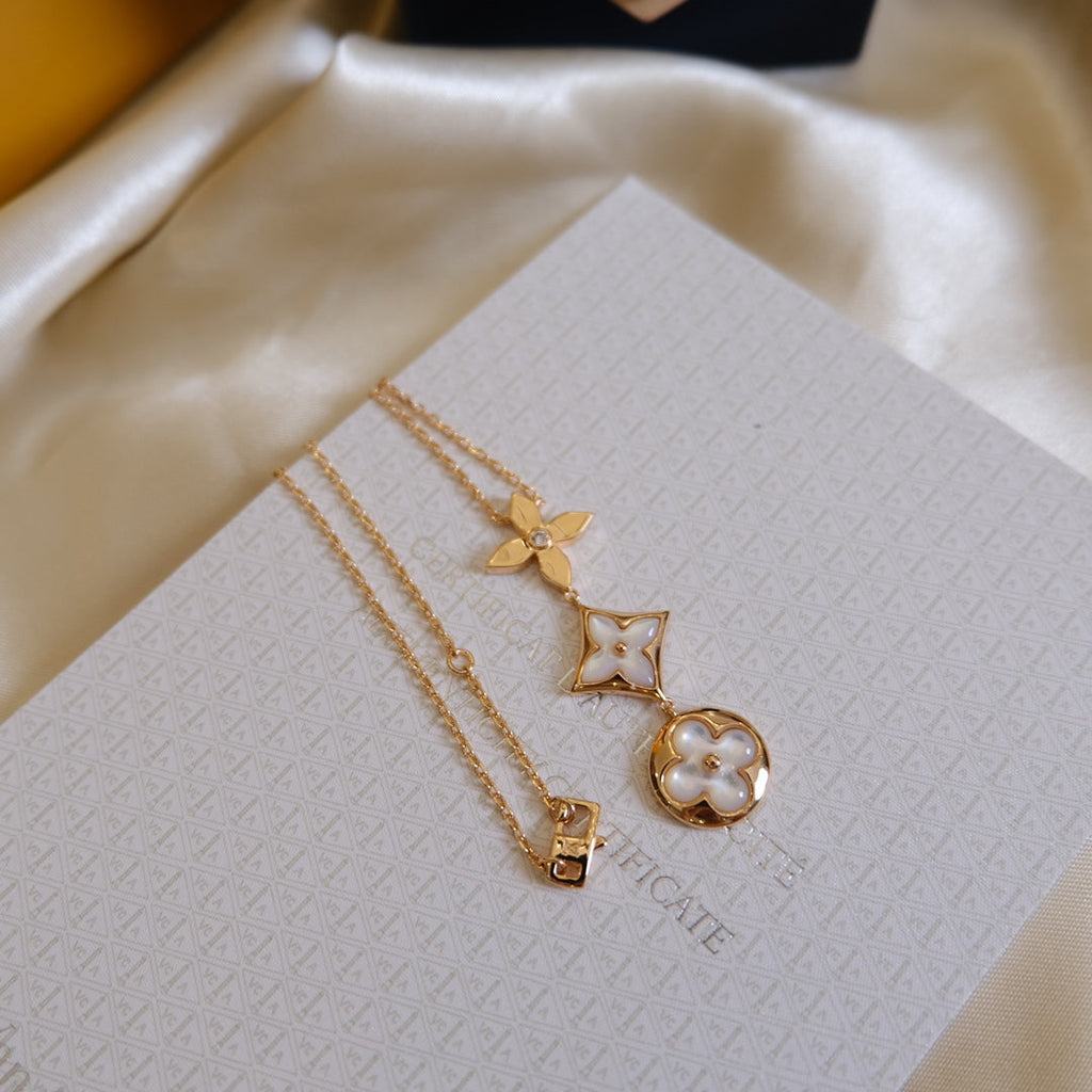 Aura COLOR BLOSSOM LARIAT NECKLACE PINK GOLD WHITE MOTHER PEARL AND DIAMOND