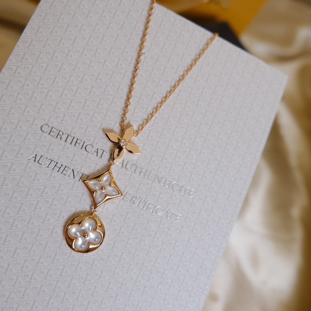 Aura COLOR BLOSSOM LARIAT NECKLACE PINK GOLD WHITE MOTHER PEARL AND DIAMOND