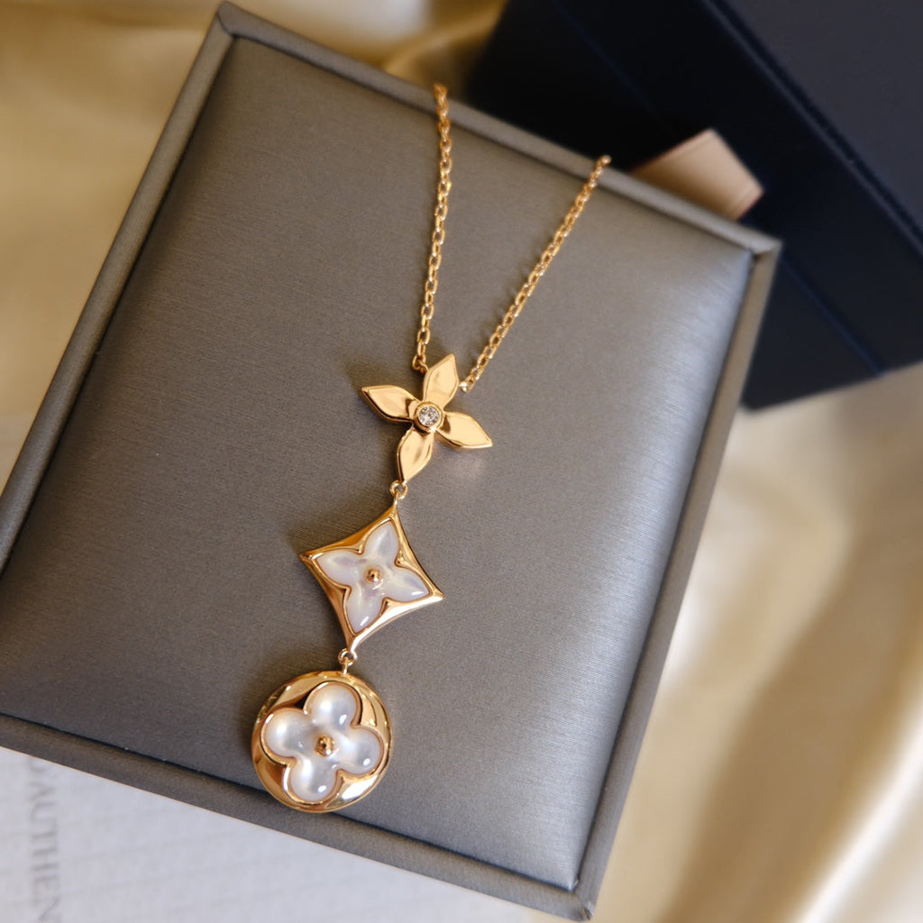 Aura COLOR BLOSSOM LARIAT NECKLACE PINK GOLD WHITE MOTHER PEARL AND DIAMOND