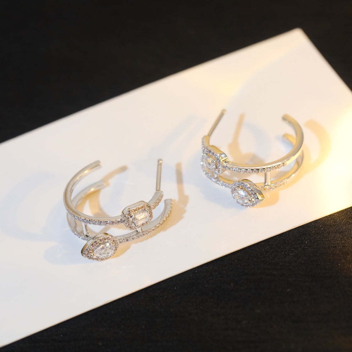 [Aura ] CREOLES MY TWIN 2 RANGS SILVER DIAMOND EARRINGS