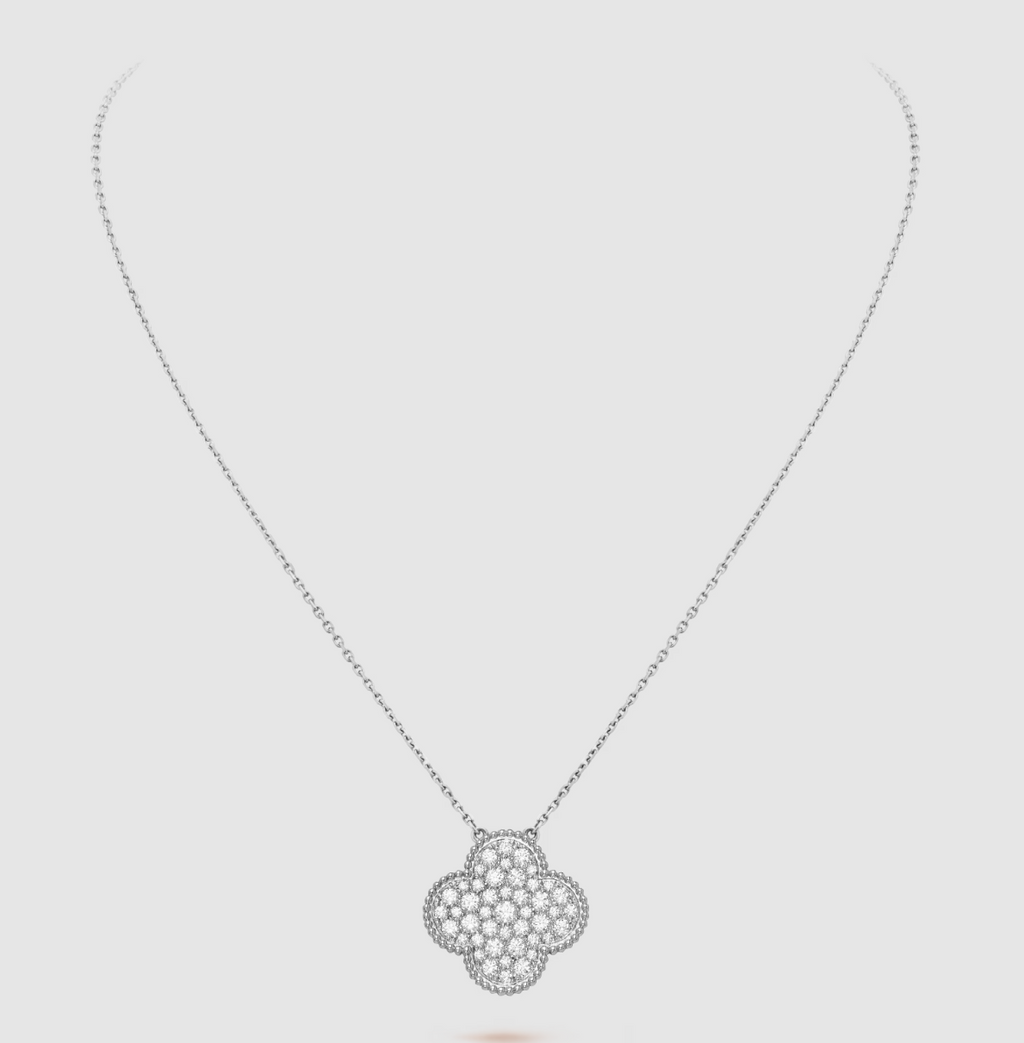 Aura CLOVER 25MM LARGE PENDANT DIAMOND PAVED SILVER NECKLACE