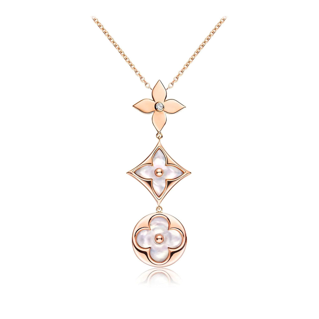 Aura COLOR BLOSSOM LARIAT NECKLACE PINK GOLD WHITE MOTHER PEARL AND DIAMOND