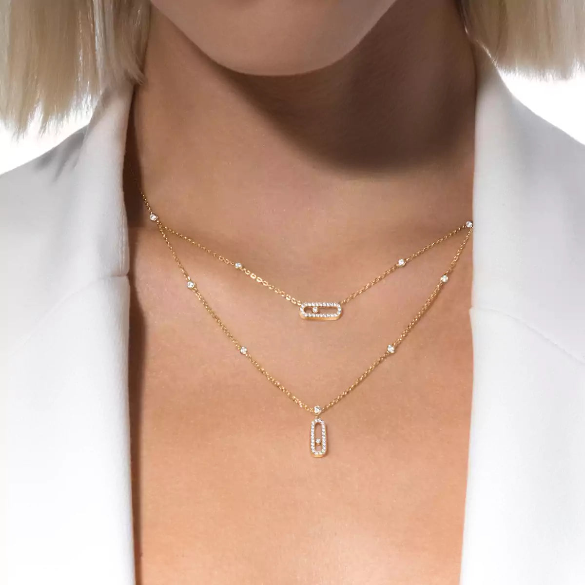 [Aura ] 2 Rows Rose Gold Diamond Pave_ Necklace Move Uno