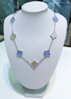 Aura CLOVER 10 MOTIFS CHALCEDONY DIAMONDS SILVER NECKLACE